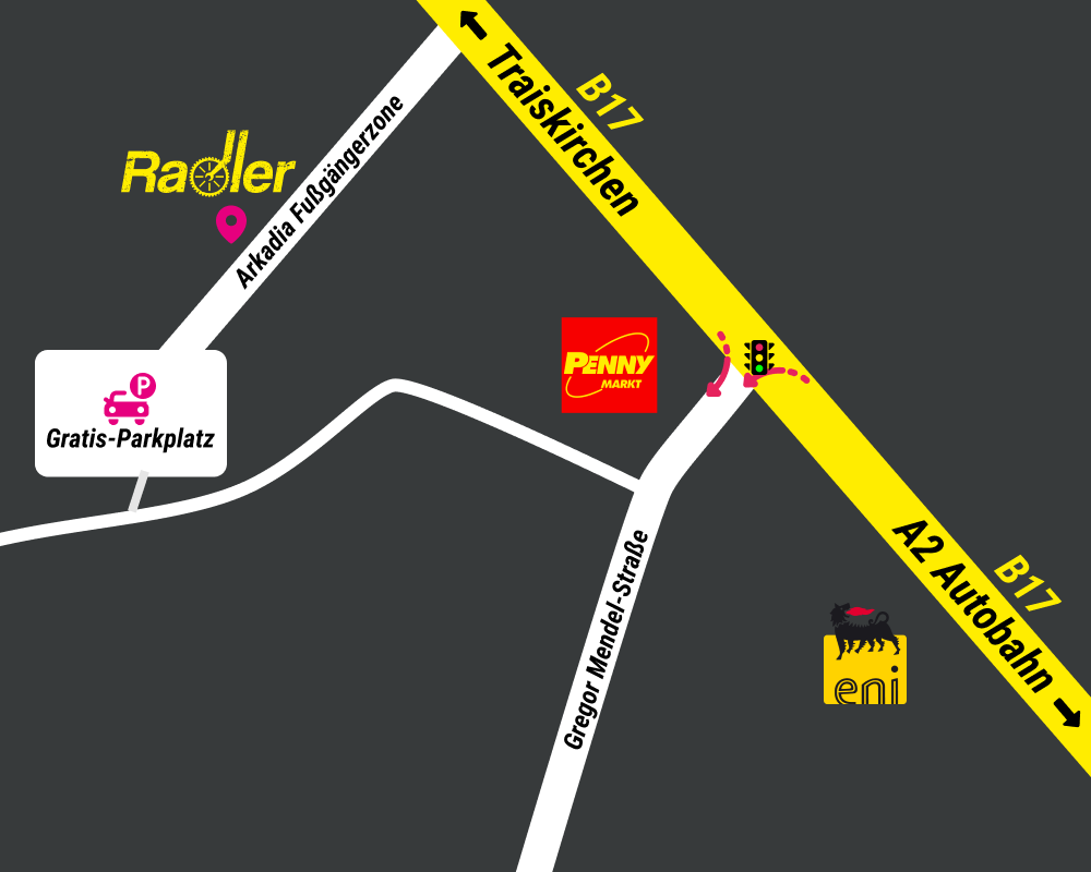 karte plan von anfahrt zum radler in 2500 traiskirchen